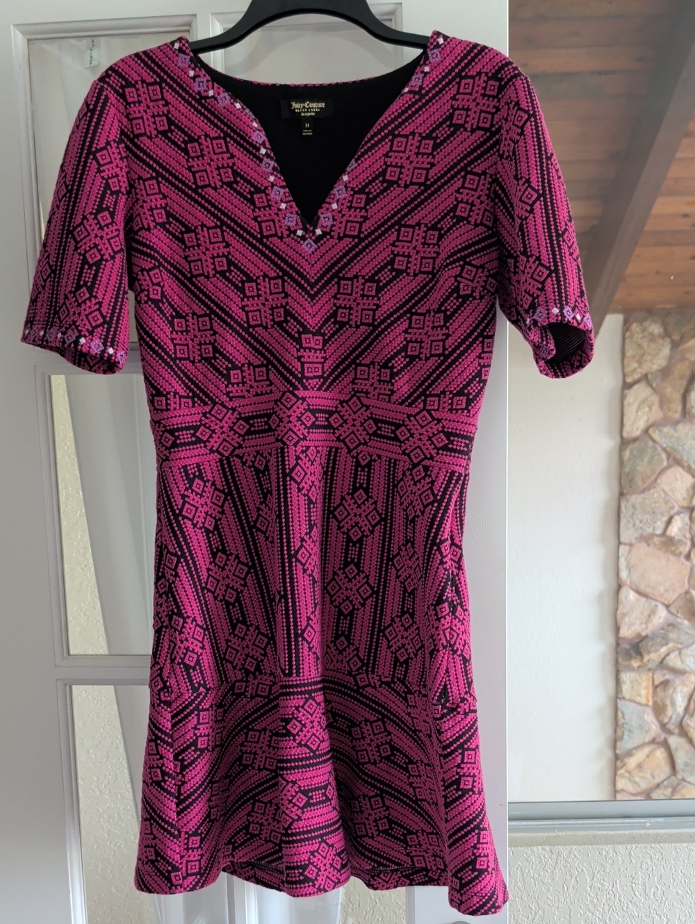 Juicy Couture Hot Pink & Black Patterned V-Neck Mini Dress
